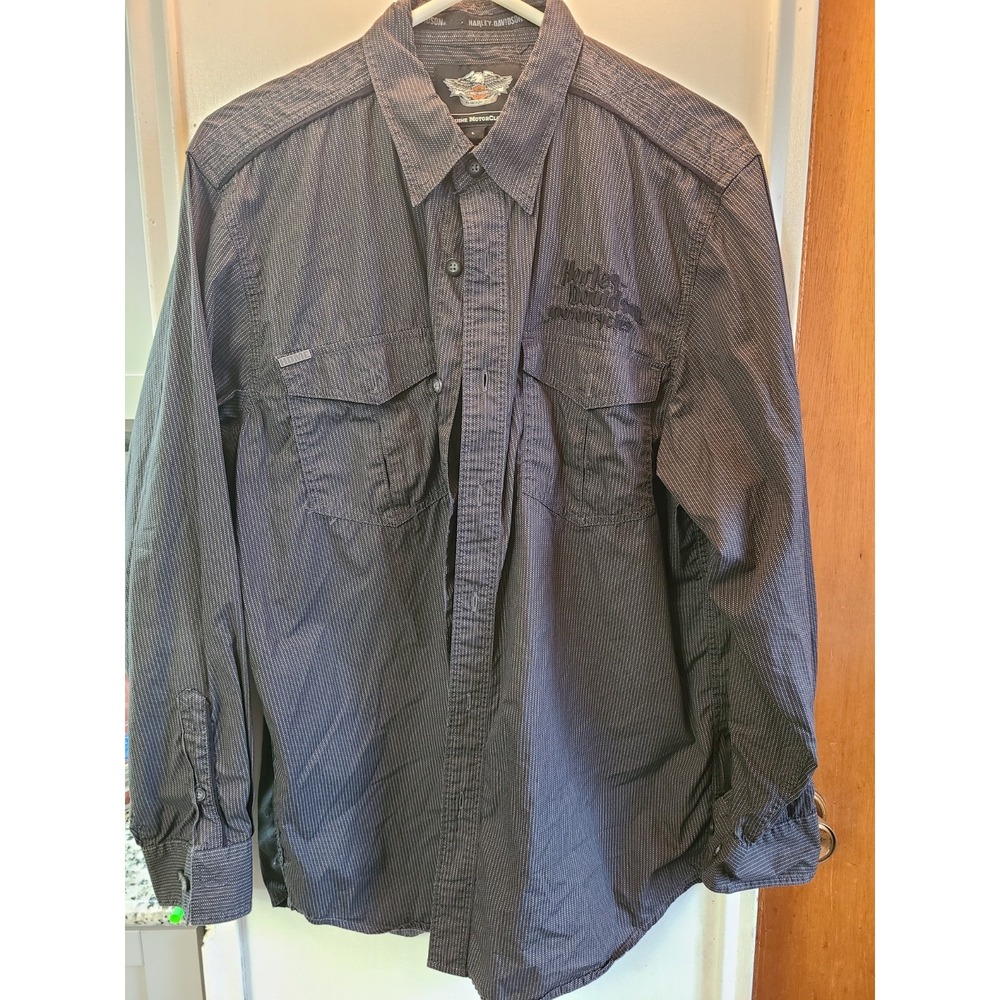 Harley-Davidson Men's Long Sleeve Button-Up Shirt, Grey Striped, Size Large